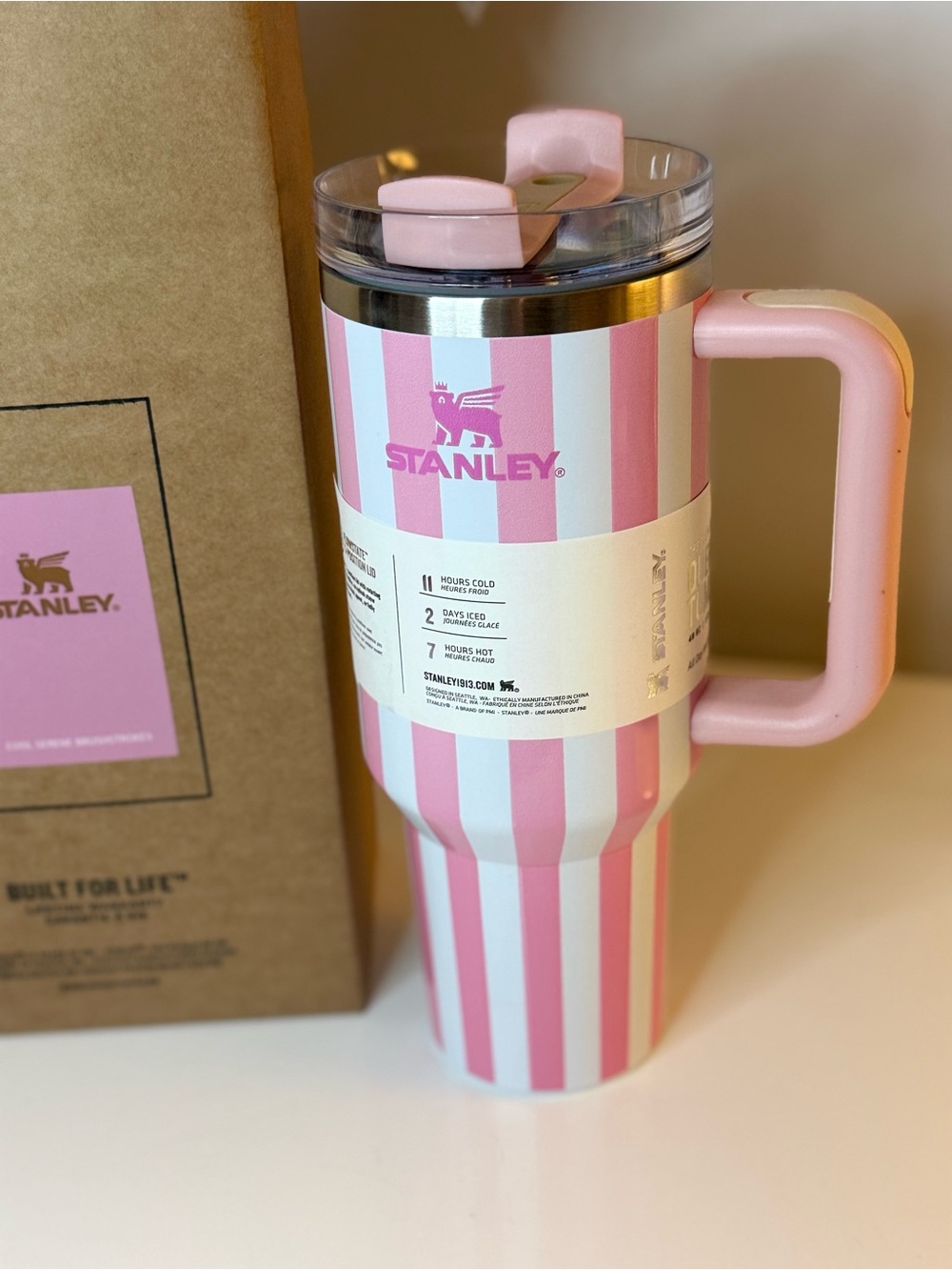 New! Stanley Quencher Pink & White Striped Insulated Tumbler . 40 oz